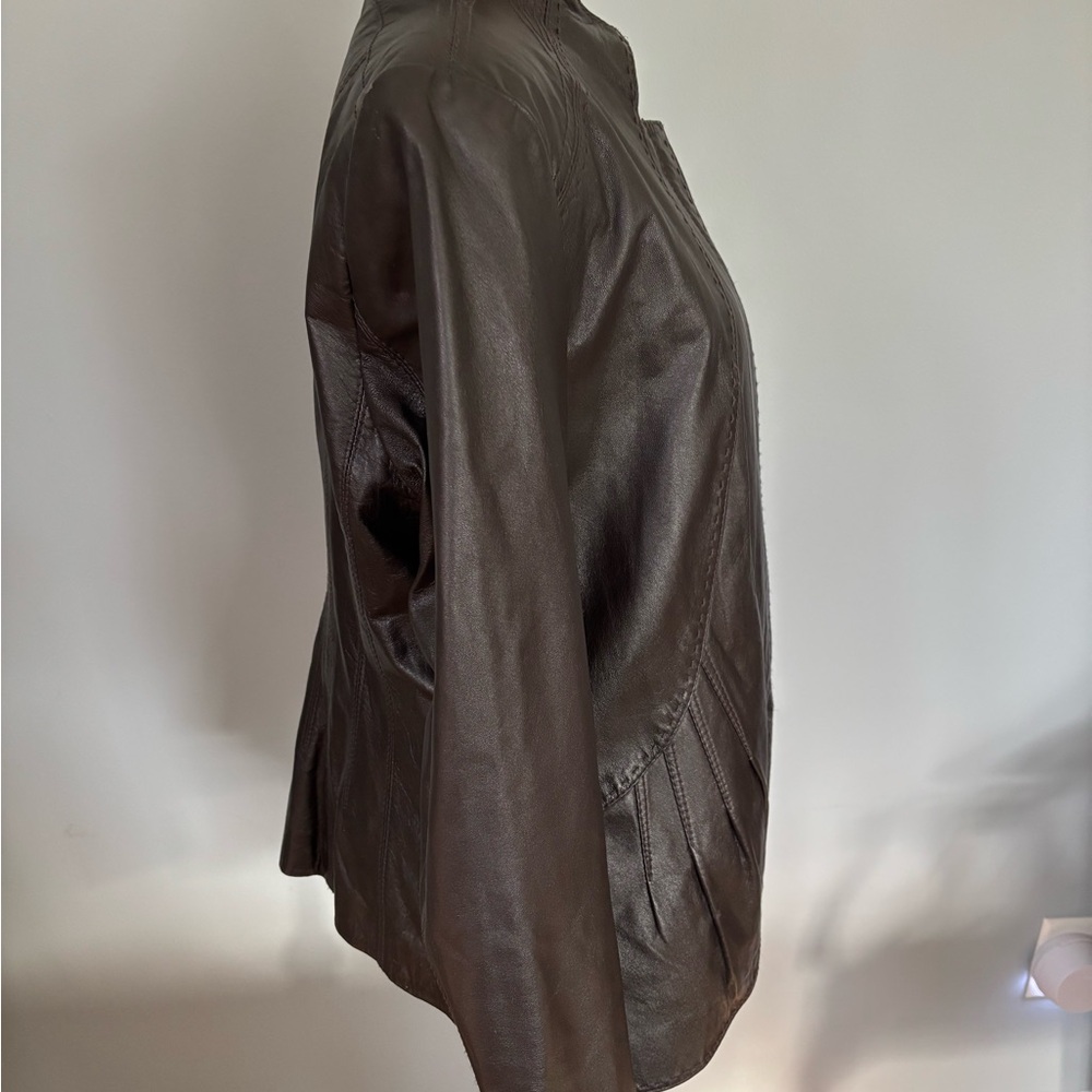 Tahari Dark Brown Collarless Leather Jacket - Picture 4 of 11